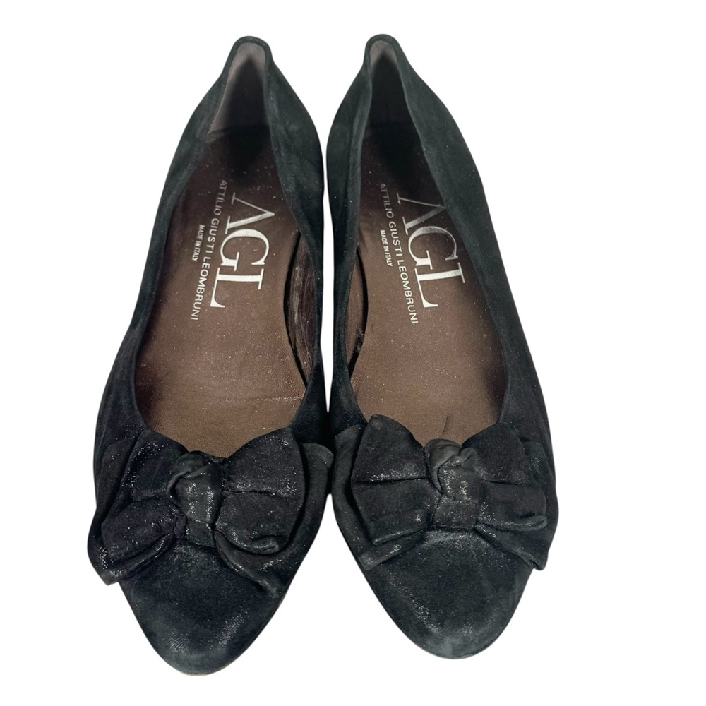 AGL Bow Flats, Black Shimmering Suede, Womens Size 39 US 9